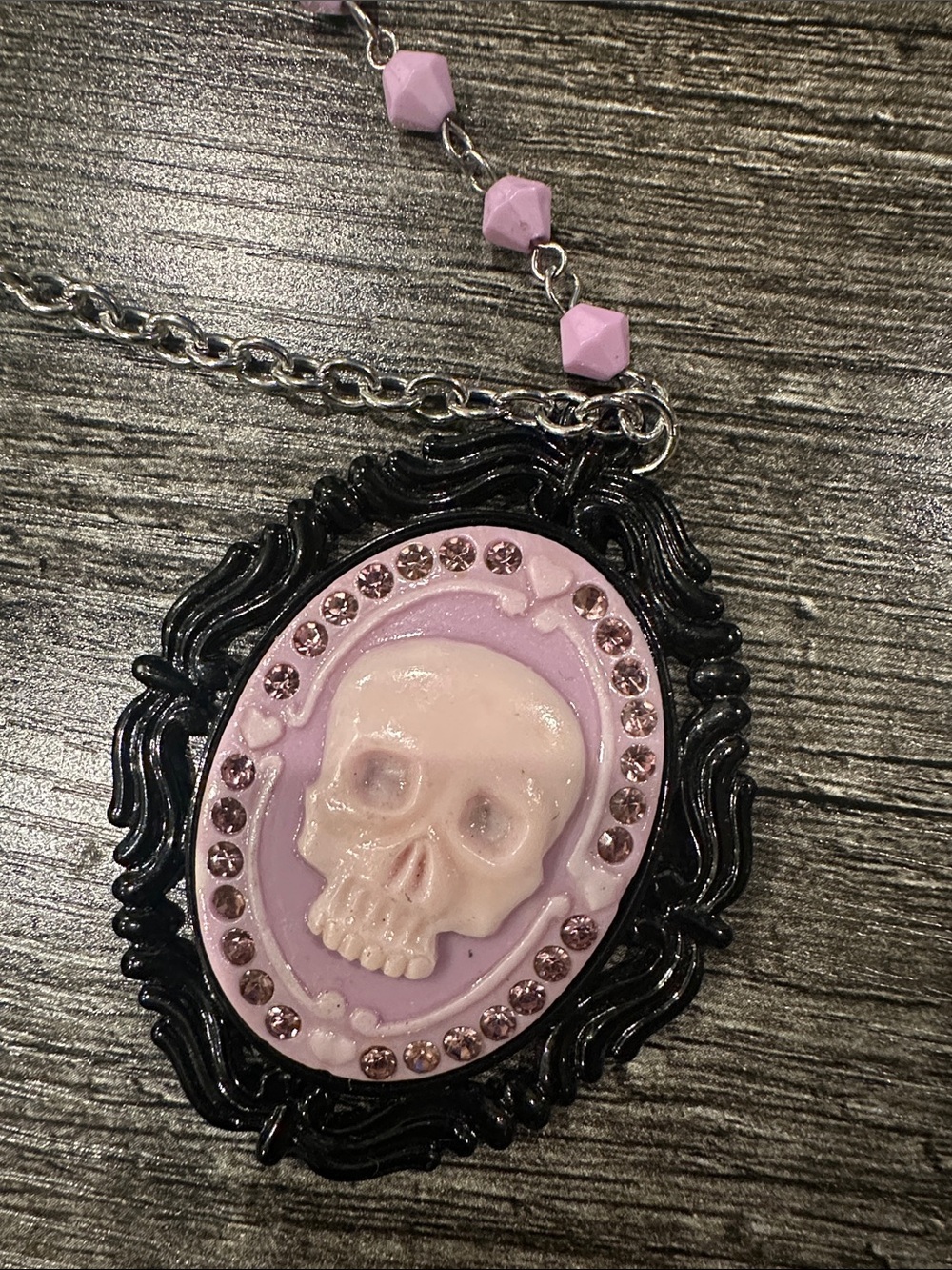 Pink Skull Cameo Pendant Necklace with Black Frame